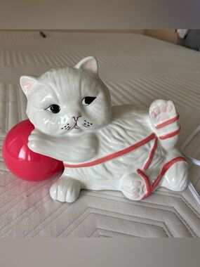 Urban Outfitters White Ceramic Cat Figurine with Pink Accents